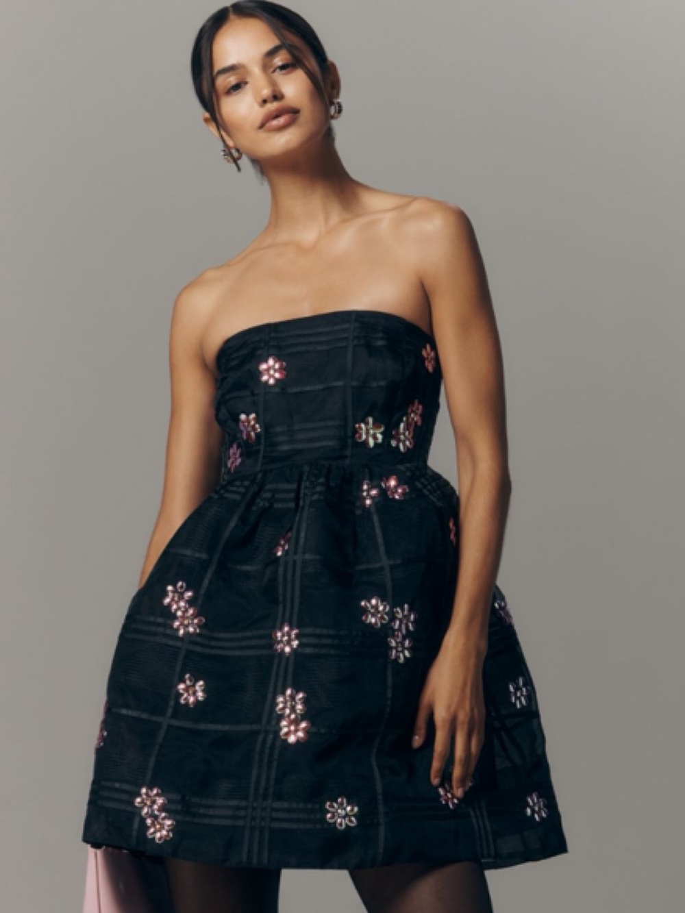 NWT Anthro Maeve w/ straps Floral Embellished Fit & Flare Anthracite Mini Dress